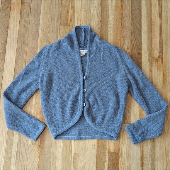 Karavan Lambswool angora wool blend blue gray cardigan sweater shell buttons - Picture 1 of 4